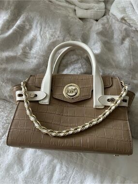 Michael Kors Taupe Croc-Embossed Satchel with White Handles and Gold Chain